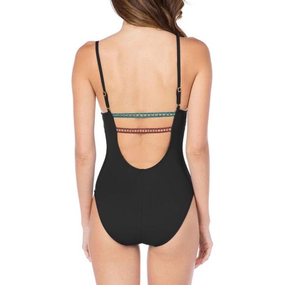 La Blanca NWT One Piece Boho Swimsuit Black & Blue Stitch Size 4 - Picture 4 of 11